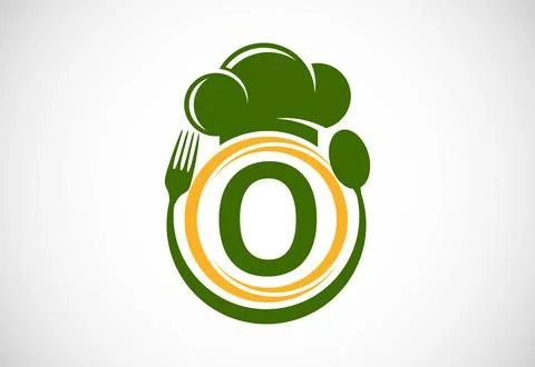 Initial alphabet O with chef hat, spoon and fork. Modern vector logo for ca.. Stock Illustration