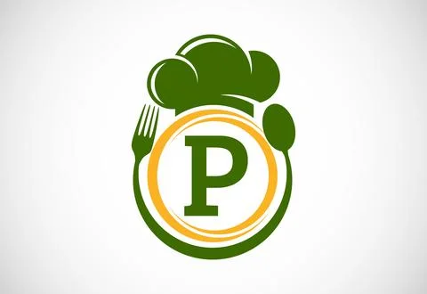 Initial alphabet P with chef hat, spoon and fork. Modern vector logo for ca.. Stock Illustration