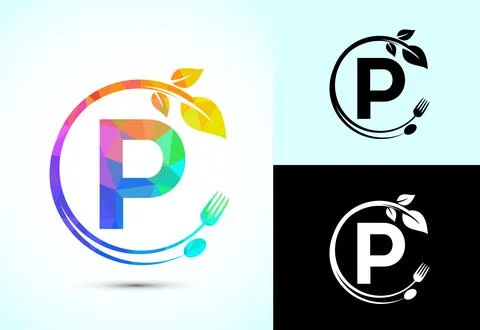 Initial alphabet P with a fork, spoon, and leaf. Healthy natural food logo .. Stock Illustration