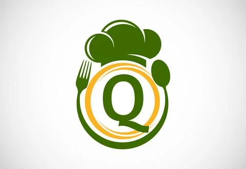 Initial alphabet Q with chef hat, spoon and fork. Modern vector logo for ca.. Stock Illustration