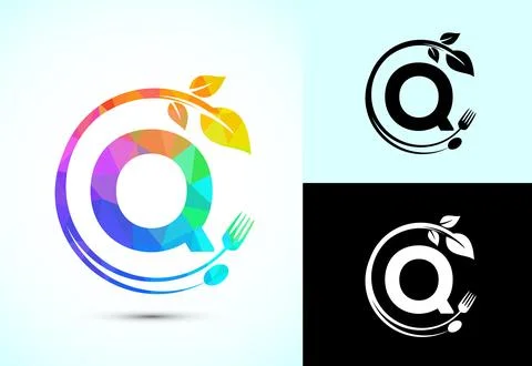 Initial alphabet Q with a fork, spoon, and leaf. Healthy natural food logo .. Stock Illustration