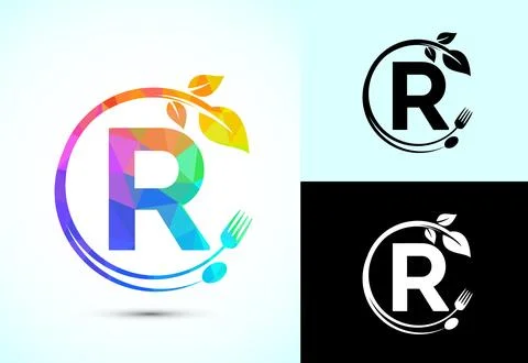 Initial alphabet R with a fork, spoon, and leaf. Healthy natural food logo .. Stock Illustration