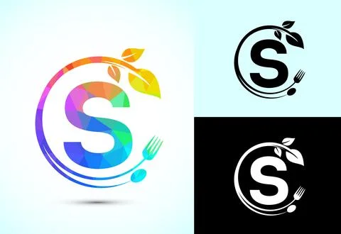 Initial alphabet S with a fork, spoon, and leaf. Healthy natural food logo .. Stock Illustration