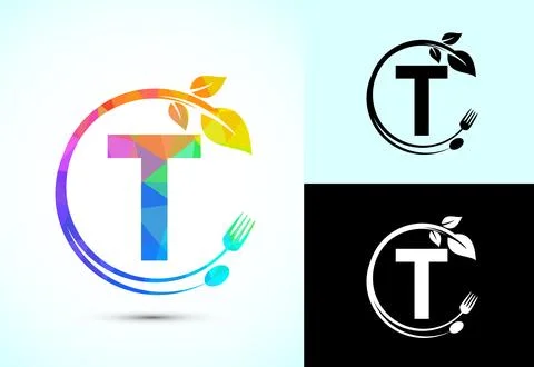 Initial alphabet T with a fork, spoon, and leaf. Healthy natural food logo .. Stock Illustration