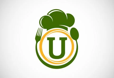 Initial alphabet U with chef hat, spoon and fork. Modern vector logo for ca.. Stock Illustration