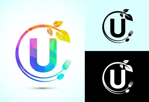 Initial alphabet U with a fork, spoon, and leaf. Healthy natural food logo .. Stock Illustration