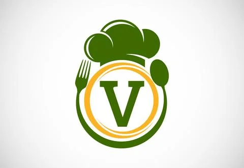 Initial alphabet V with chef hat, spoon and fork. Modern vector logo for ca.. Stock Illustration