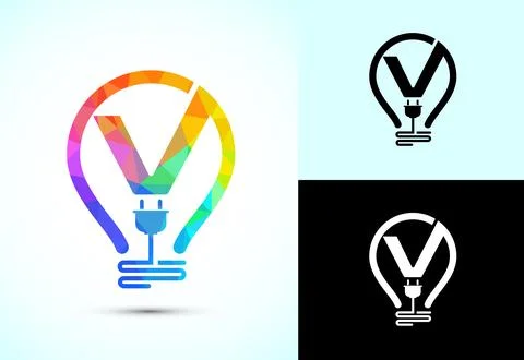 Initial alphabet V with an electric bulb and plug. Electricity logo design .. Stock Illustration