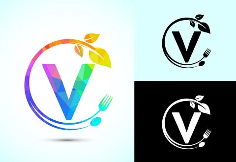Initial alphabet V with a fork, spoon, and leaf. Healthy natural food logo .. Stock Illustration