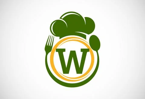 Initial alphabet W with chef hat, spoon and fork. Modern vector logo for ca.. Stock Illustration
