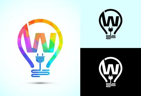 Initial alphabet W with an electric bulb and plug. Electricity logo design .. Stock Illustration