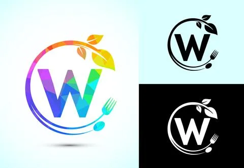 Initial alphabet W with a fork, spoon, and leaf. Healthy natural food logo .. Stock Illustration