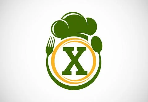 Initial alphabet X with chef hat, spoon and fork. Modern vector logo for ca.. Stock Illustration