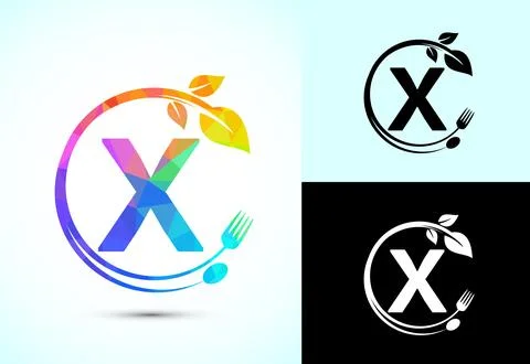 Initial alphabet X with a fork, spoon, and leaf. Healthy natural food logo .. Stock Illustration