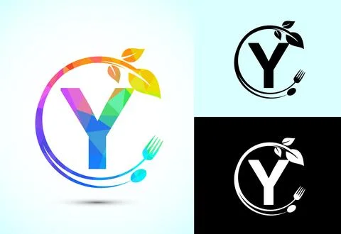 Initial alphabet Y with a fork, spoon, and leaf. Healthy natural food logo .. Stock Illustration