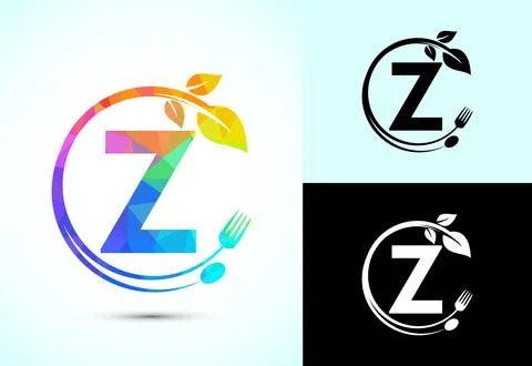 Initial alphabet Z with a fork, spoon, and leaf. Healthy natural food logo .. Stock Illustration