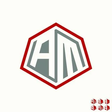 Initial AM font on hexagon line badge style cube monogram fashion trend loop 库存插图