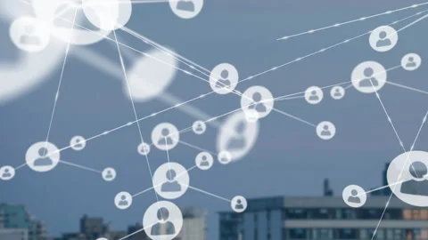 Initial avatar icon drifting into view above city skyline initiating tech Video stock 310150790
