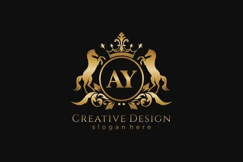 Initial AY Retro golden crest with circle and two horses, badge template wi.. Stock Illustration