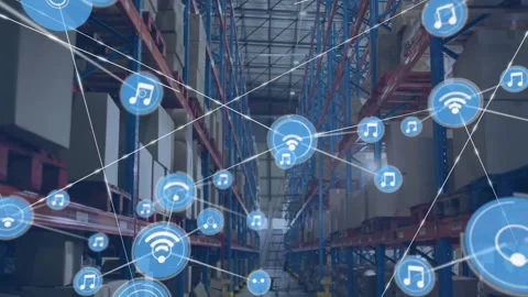 Initial blue node appearing launching network multiplying across warehouse, Stock-Footage 312905278