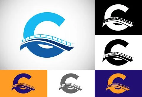 Initial C monogram letter alphabet with bridge sign. Abstract bridge logo d.. Ilustración de archivo
