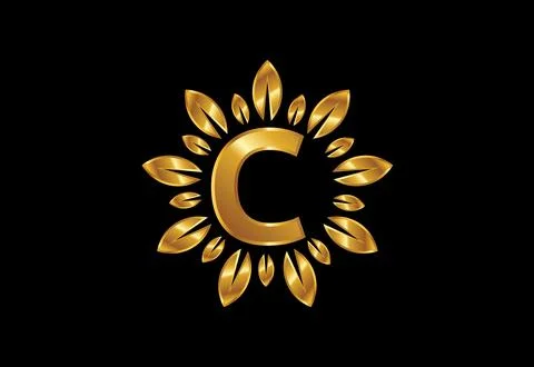 Initial C monogram letter alphabet with golden leaf wreath.Flower logo desi.. Stock Illustration