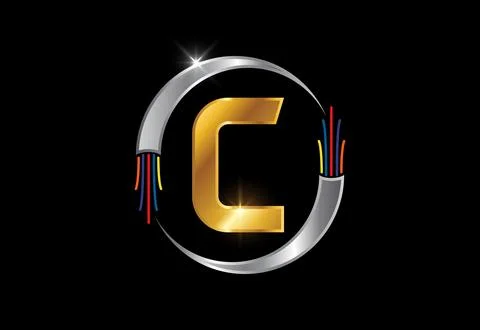 Initial C monogram letter alphabet with electric wire, optical fiber cable... Stock Illustration