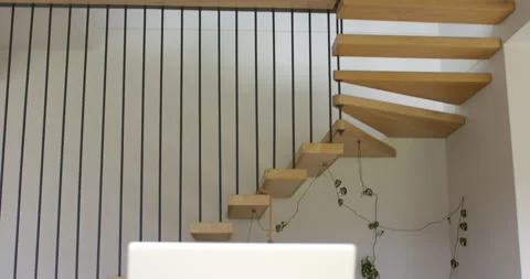 Initial camera tilt is revealing stairs and sliding laptop, tablet and Video stock 314028299