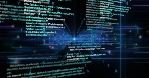 Initial camera zooming starting central glowing node and code panels converging, 스톡 동영상 329750364