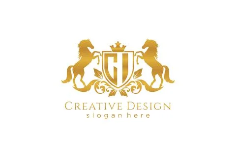 Initial CI Retro golden crest with shield and two horses, badge template wi.. Stock Illustration