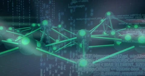 Initial close-up starting camera pan, green node lattice rotating and pulsing to Stock Footage 329899079