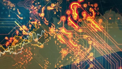 Initial cluster pulsing glowing circuit network sparking and merging linechart Stock Footage 334725057