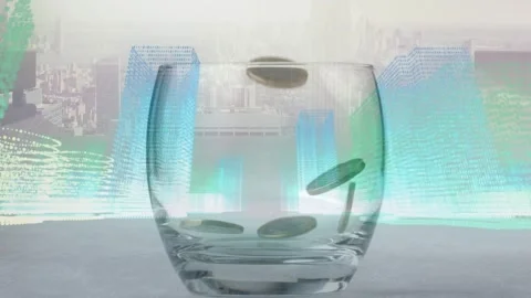 Initial coin dropping from rim, coins falling into clear glass tumbler, stacking Video stock 323119000