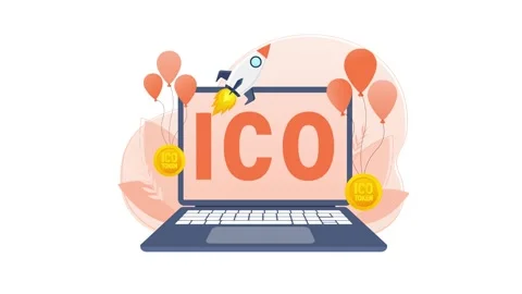 Initial Coin Offering with Rocket Launch and Balloons on Laptop Stock Footage 319027777