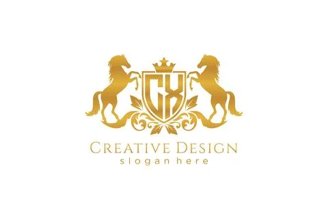 Initial CX Retro golden crest with shield and two horses, badge template wi.. Stock Illustration