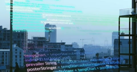 Initial cyan lines appearing code overlay scrolling, layering over hazy skyline, Stock Footage 328110370
