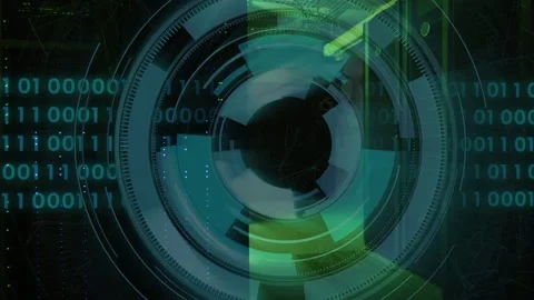 Initial cyan ring appearing, HUD expanding and rotating over data-center racks, Video stock 332577663
