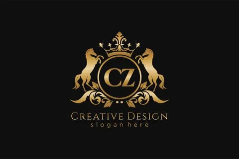Initial CZ Retro golden crest with circle and two horses, badge template wi.. Stock Illustration