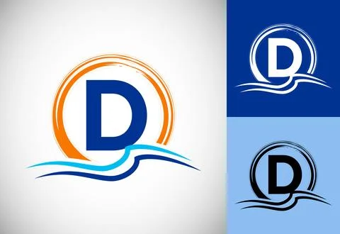 Initial D monogram letter with water ocean waves and the sun. Beach logo de.. Illustrazione stock
