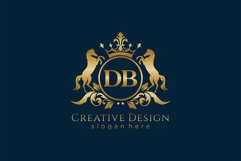 Initial DB Retro golden crest with circle and two horses, badge template wi.. Stockillustratie