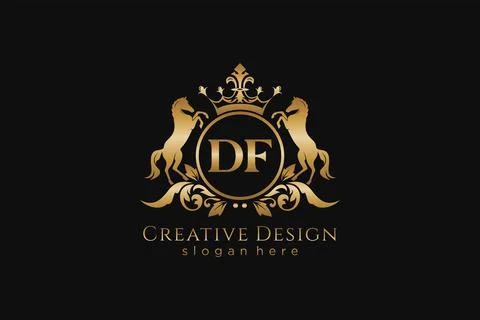 Initial DF Retro golden crest with circle and two horses, badge template wi.. Stock Illustration