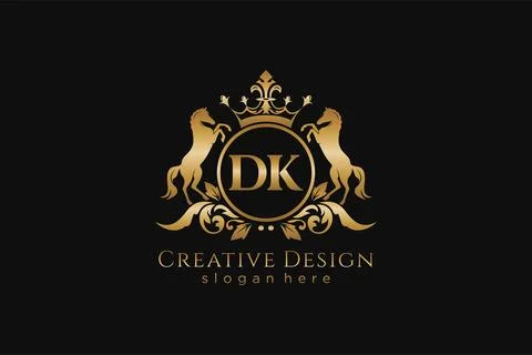 Initial DK Retro golden crest with circle and two horses, badge template wi.. Illustrazione stock