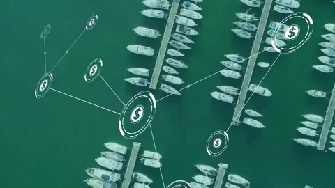 Initial dollar node appearing over water, icons linking docks and pulsing, Video stock 332625666