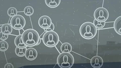Initial drifting circles over grid causing lines linking icons into network Video stock 317185090