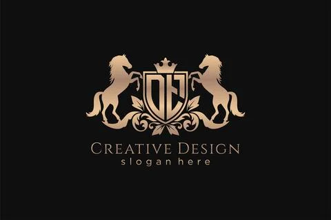 Initial DT Retro golden crest with shield and two horses, badge template wi.. Stock Illustration