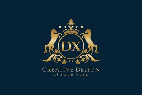 Initial DX Retro golden crest with circle and two horses, badge template wi.. Stock Illustration