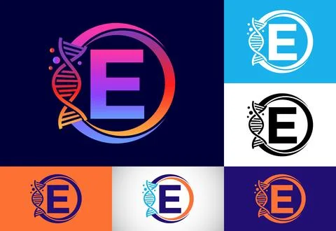 Initial E monogram alphabet in a circle with DNA. Genetics logo design conc.. Stock Illustration