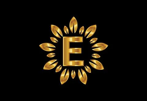 Initial E monogram letter alphabet with golden leaf wreath.Flower logo desi.. Stock Illustration