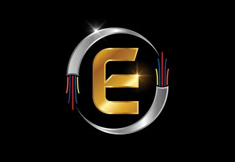 Initial E monogram letter alphabet with electric wire, optical fiber cable... Stock Illustration