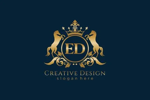 Initial ED Retro golden crest with circle and two horses, badge template wi.. Stock Illustration